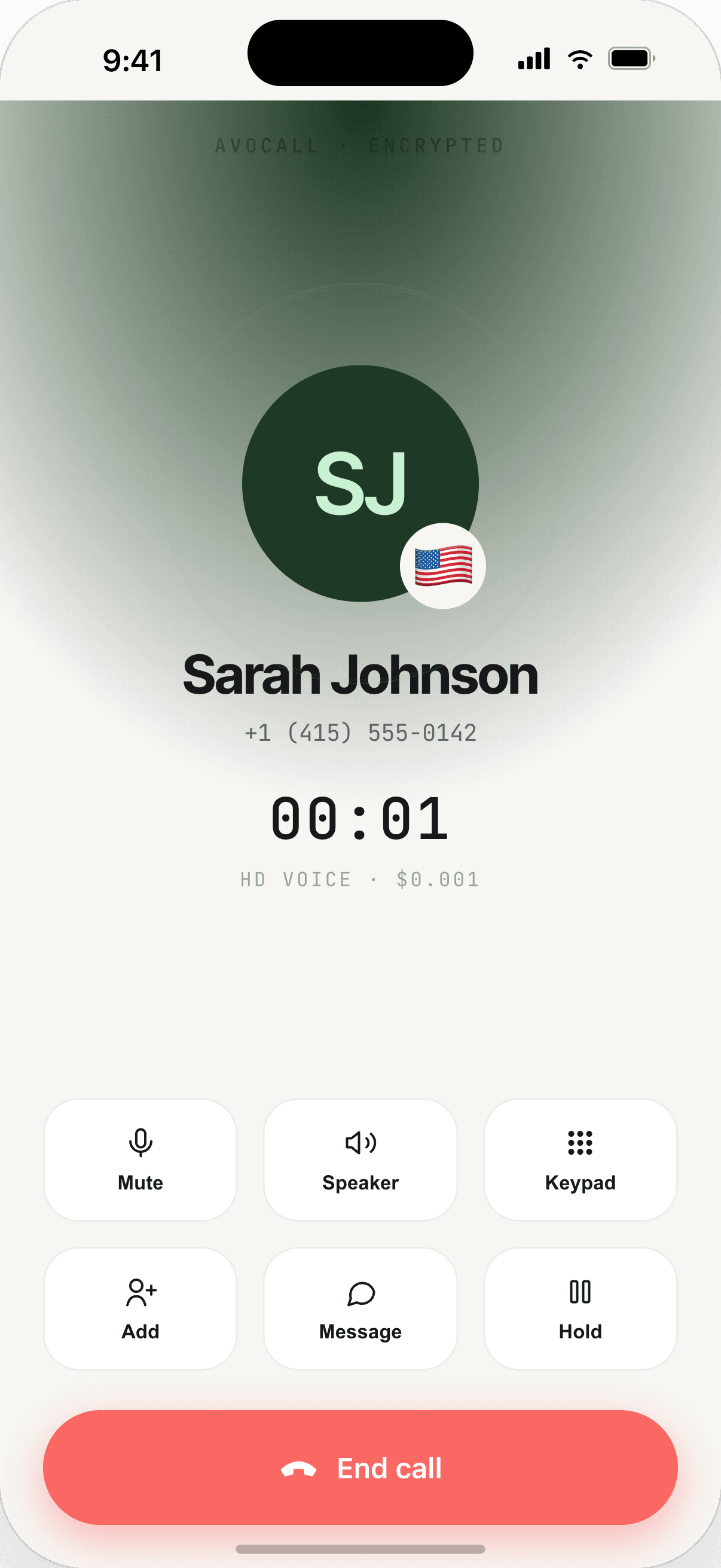 avoCall active call screen with HD voice indicator