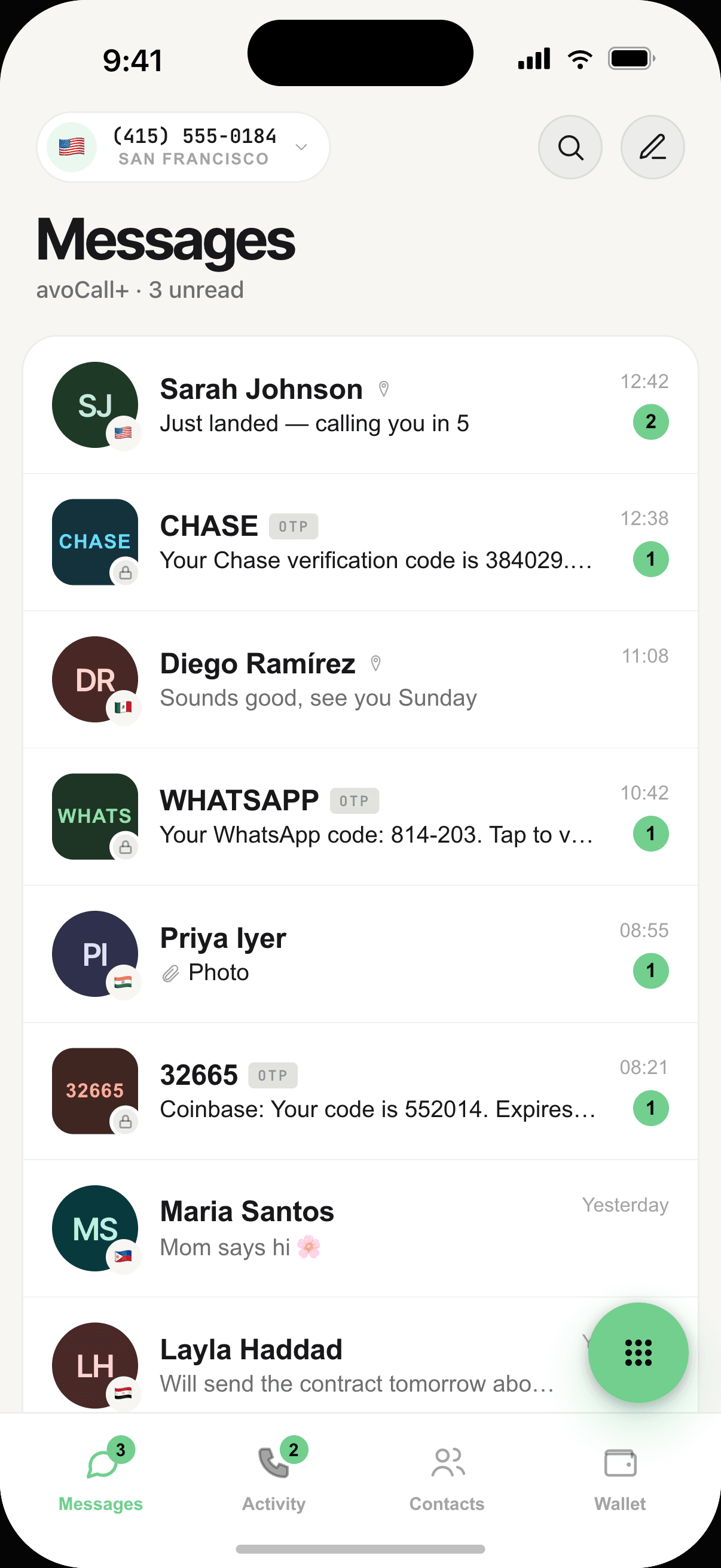 avoCall messages inbox showing bank and fintech texts