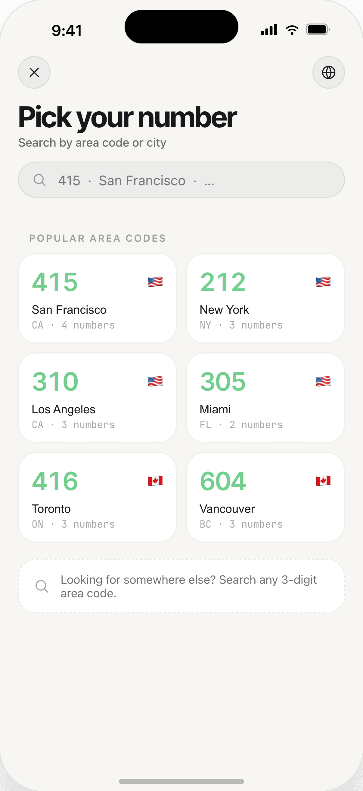 avoCall area code picker showing San Francisco, New York, Chicago and more
