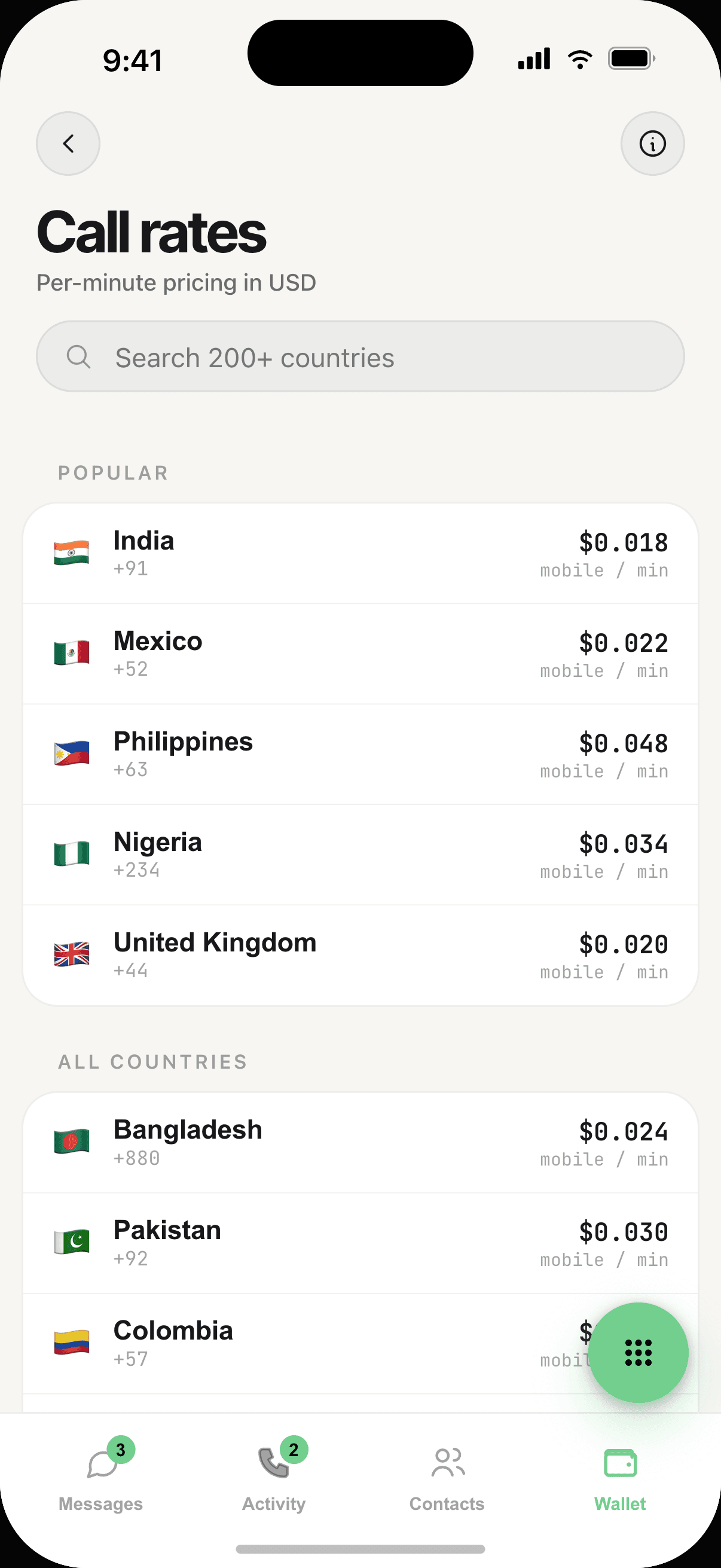 avoCall rates page listing per-country mobile and landline pricing