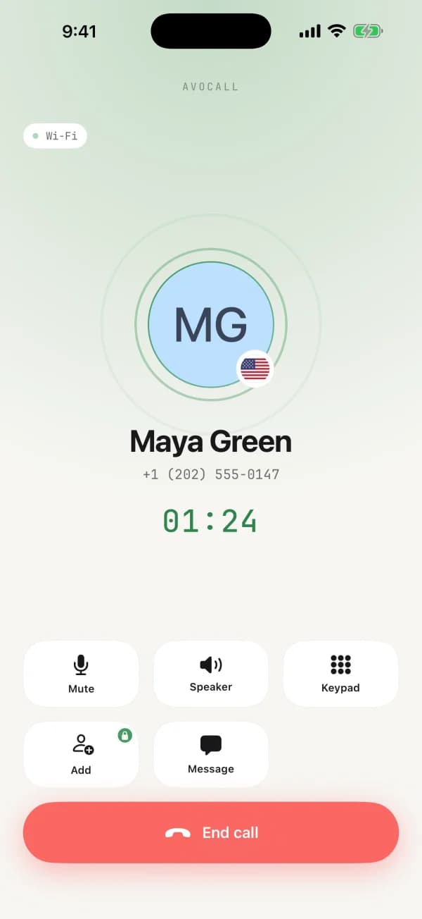 A call in progress on an AvoCall number on iPhone
