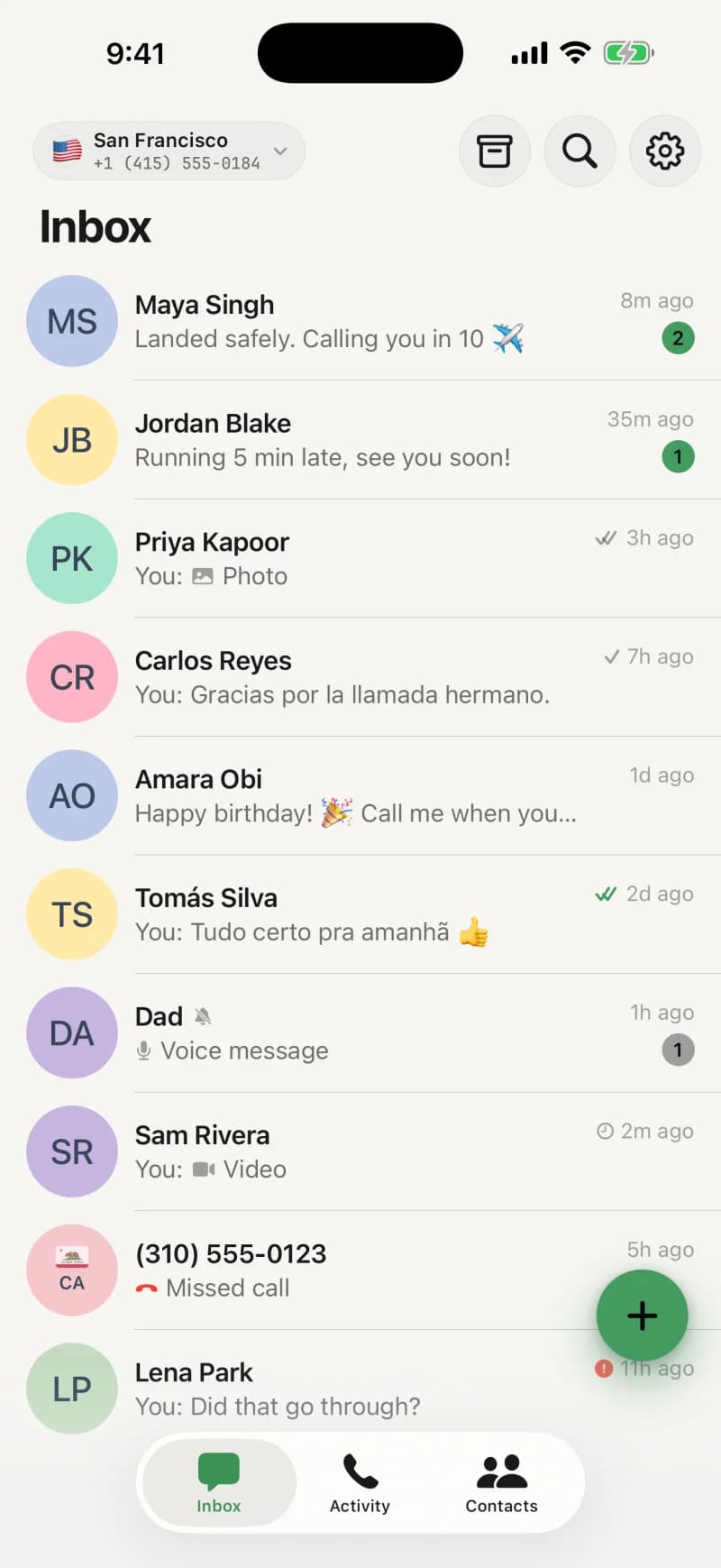 AvoCall inbox on iPhone with the active number shown at the top