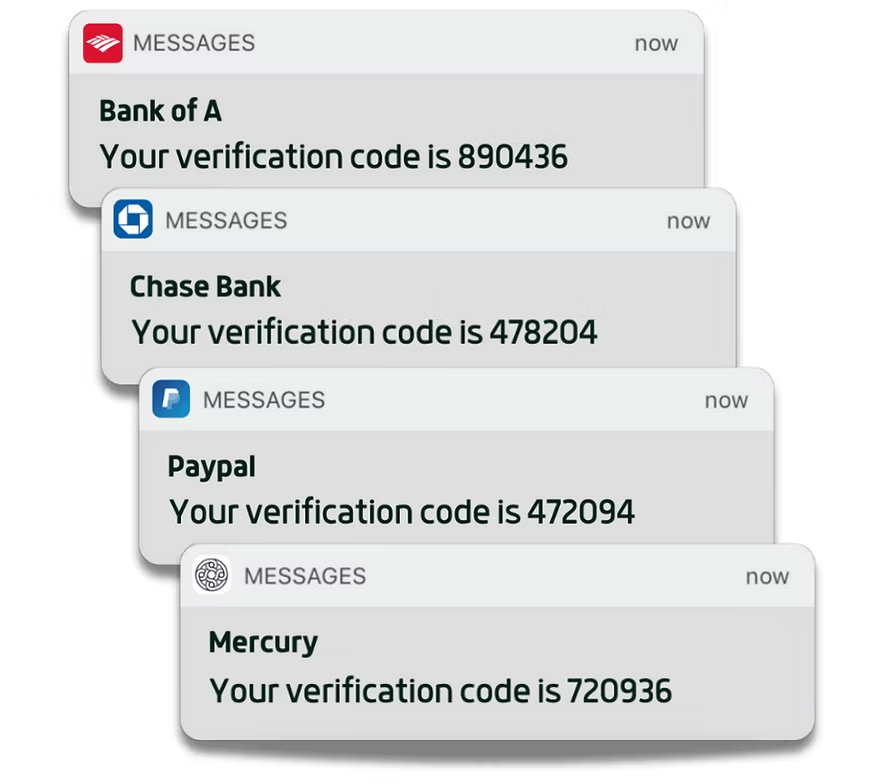 Incoming verification codes from Bank of America, Chase, PayPal, and Mercury